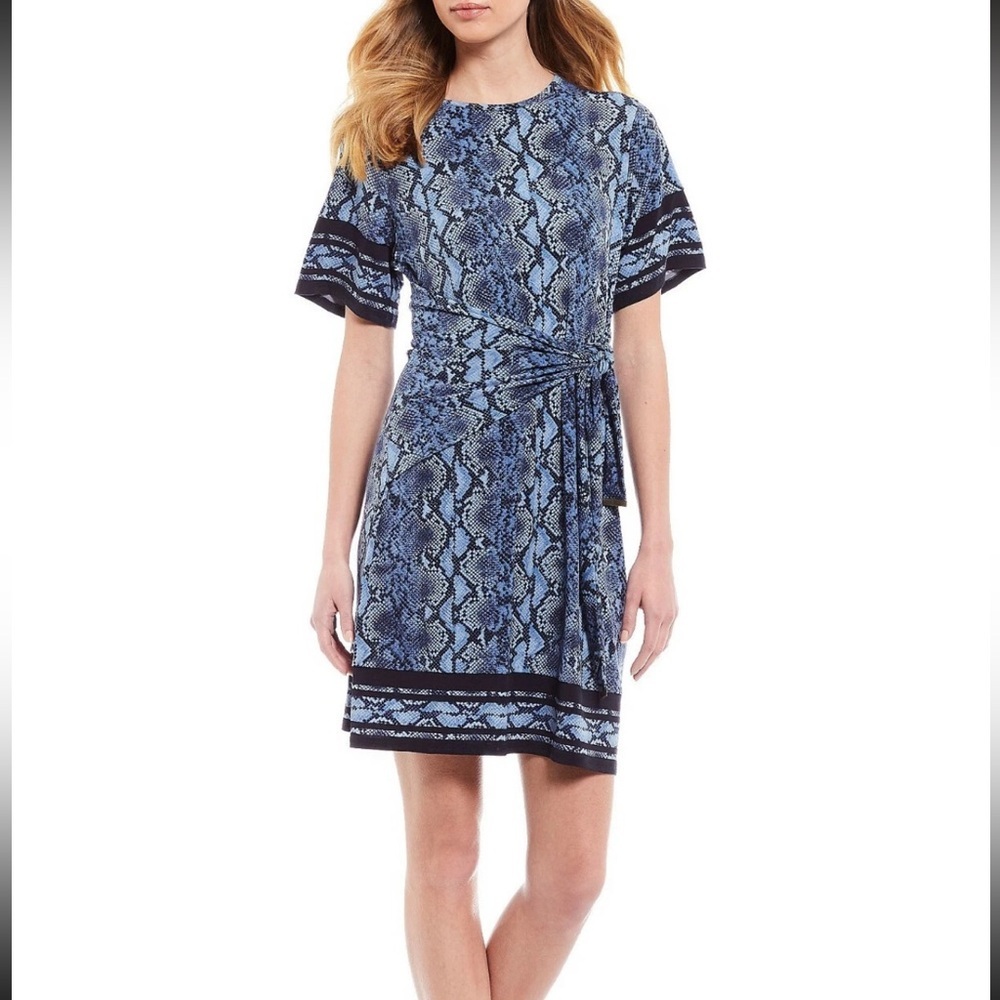Blue Snake-Print Short Sleeve Tie-Waist Dress